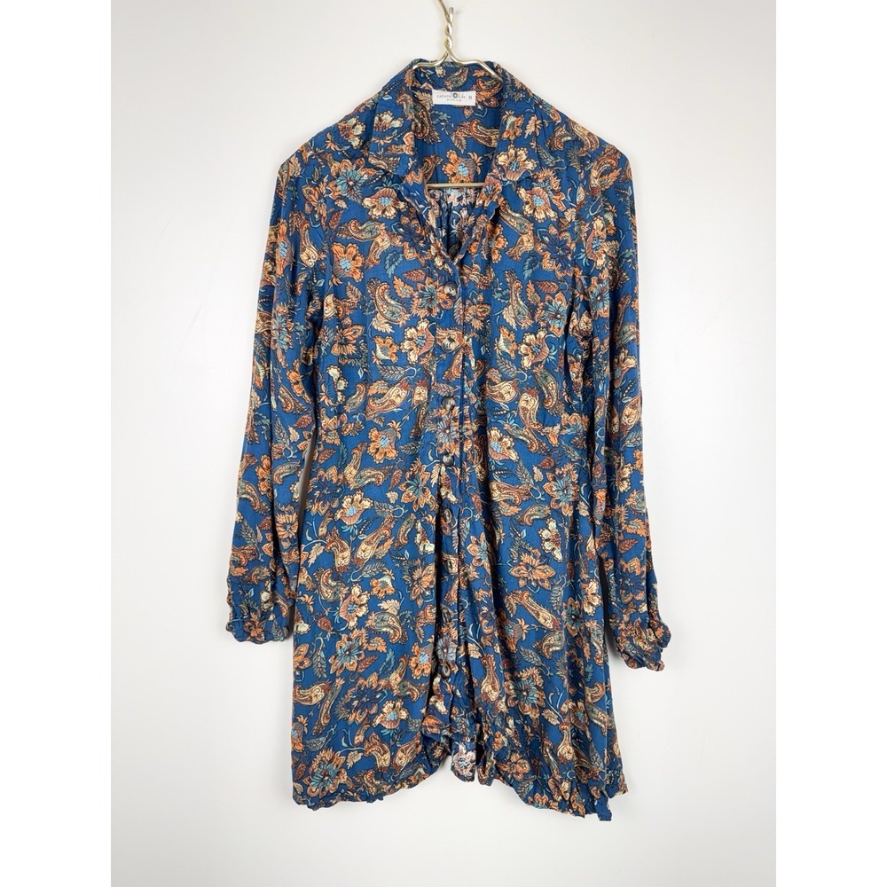 Natural Life Ansley Woven Sz M Blue Paisley Floral Mini Dress Boho Shirt Dress